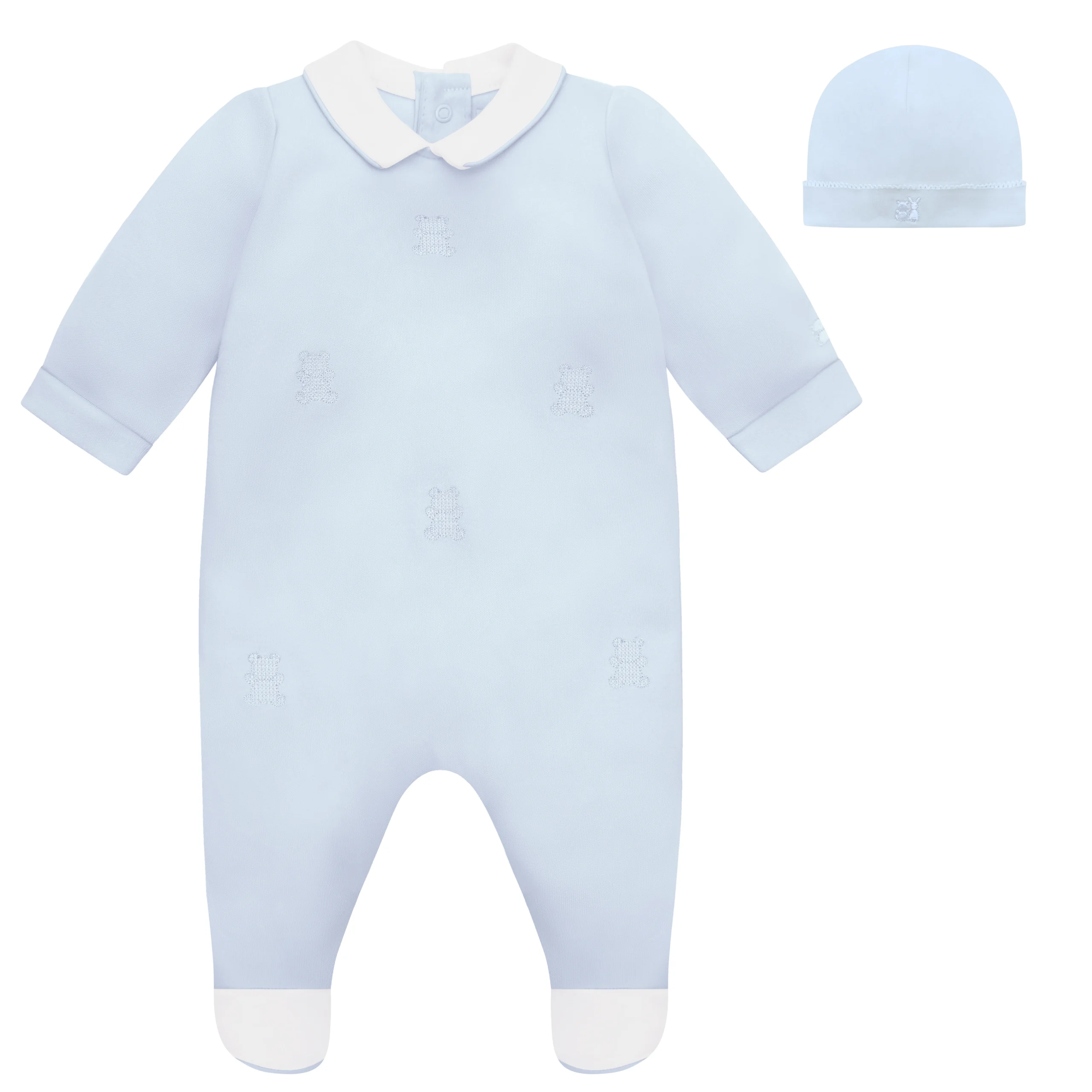 Lionel Boys Blue Babygrow With Teddy Embroidery & Hat