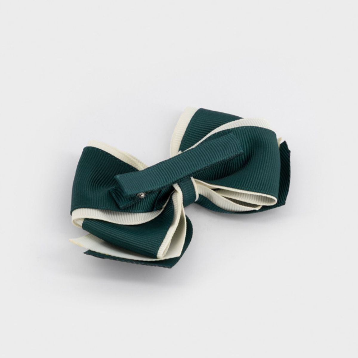 Green & Beige Grosgrain Hair Bow Clip - Image 2