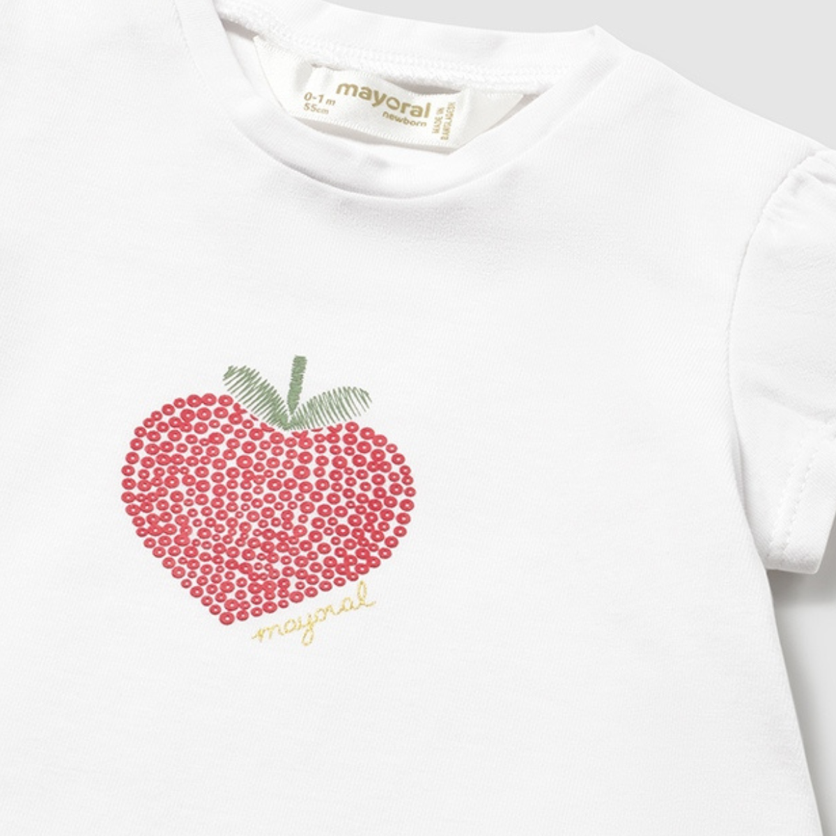 White t-shirt With Sequin Strawberry Heart Applique - Image 3
