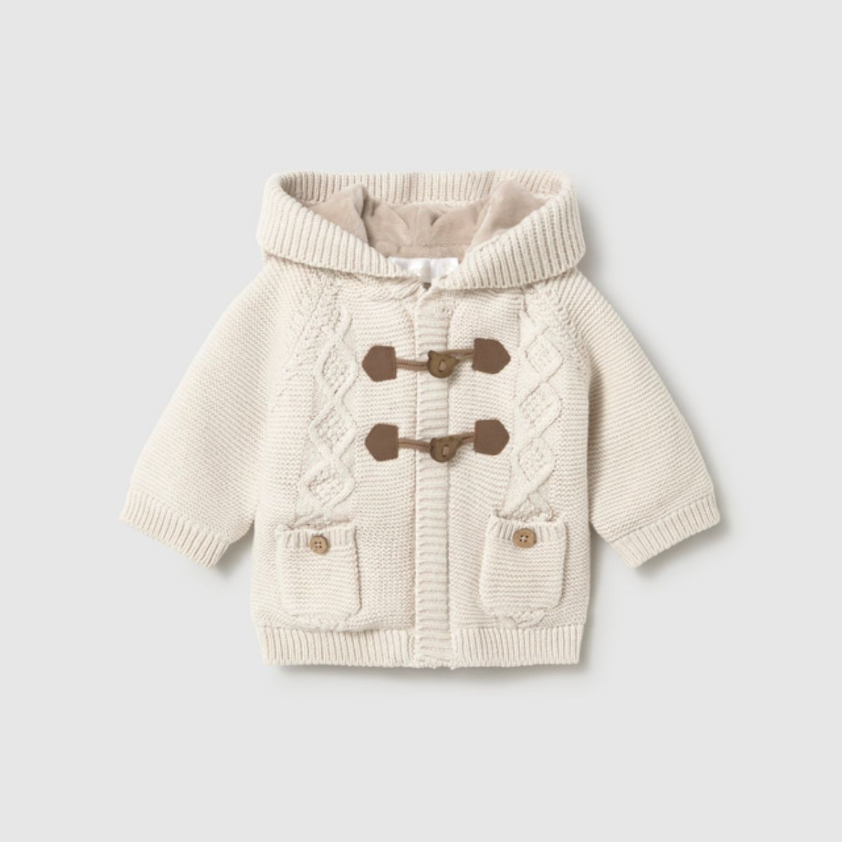 Cream Knit Hooded Cardigan Jacket with Plush Lining