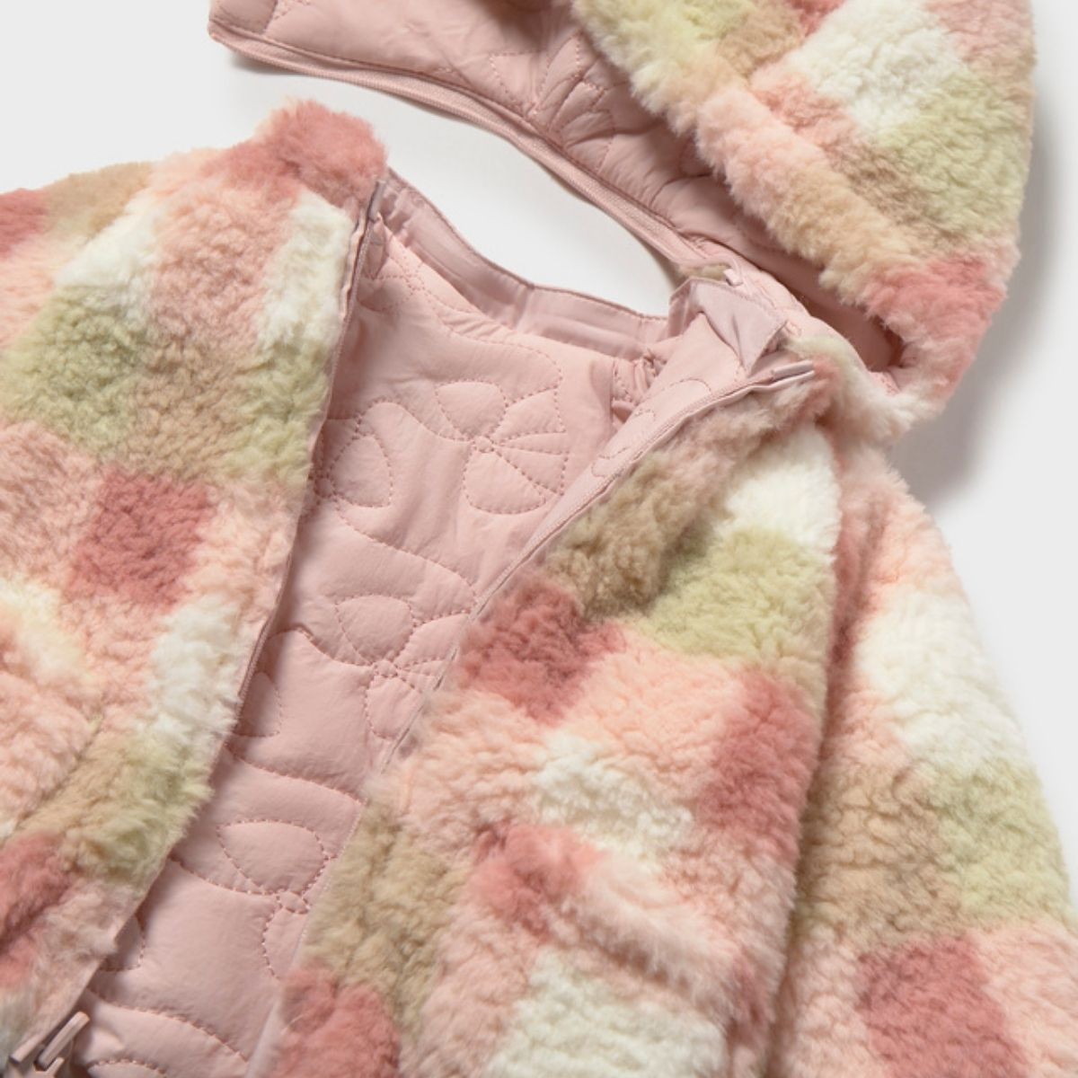Pink Multi Reversible Plaid Faux Shearling Hooded Jacket - Image 3