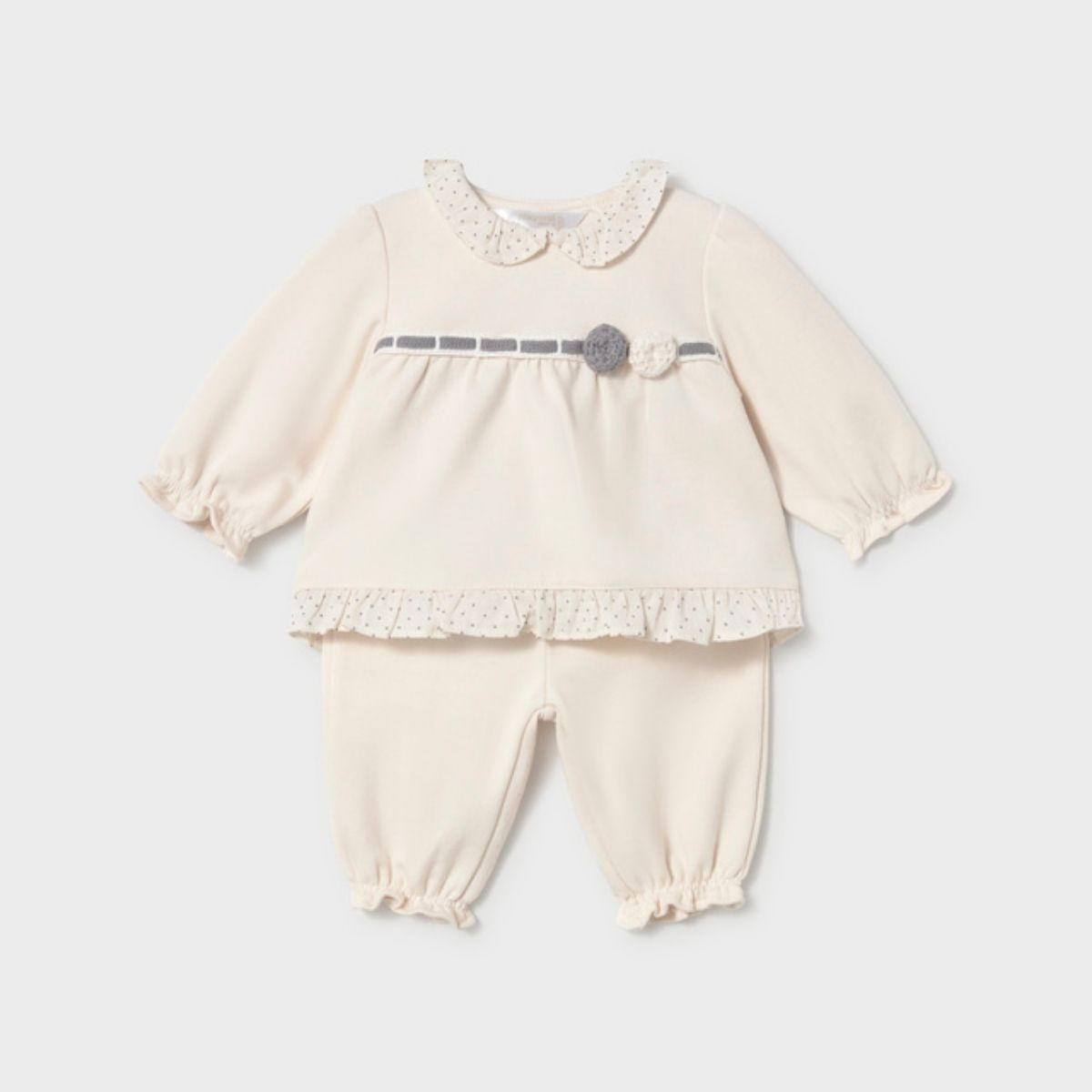 Cream Velour Outfit Set with Polka Dot Peter Pan Collar