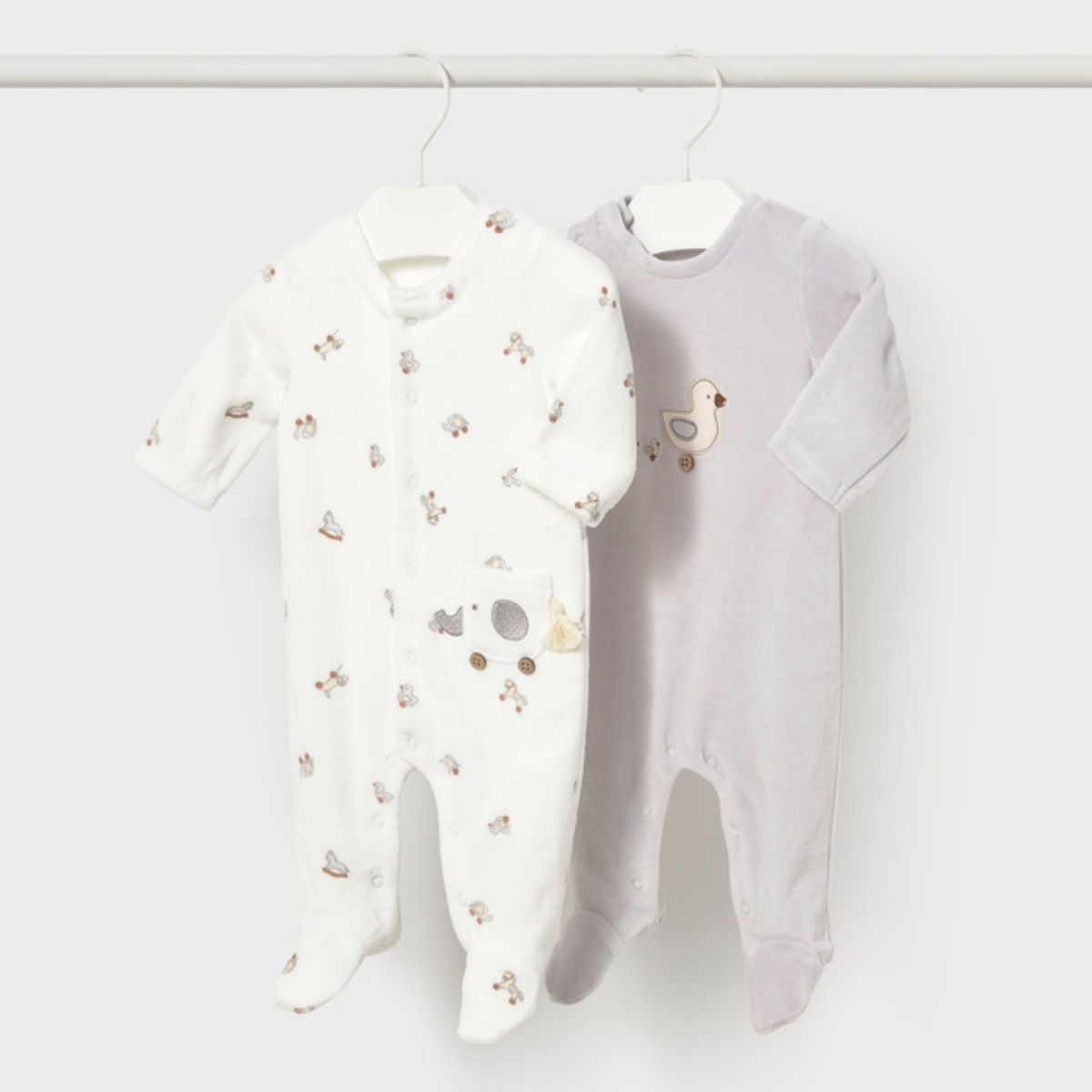 Neutral Velour Footed Set with Duck & Toy Print