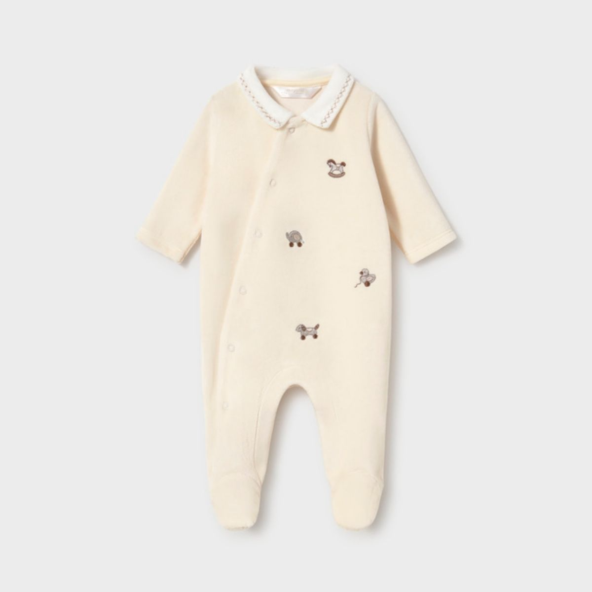 Elegant Velour Footed Romper with Peter Pan Collar & Puppy Embroidery