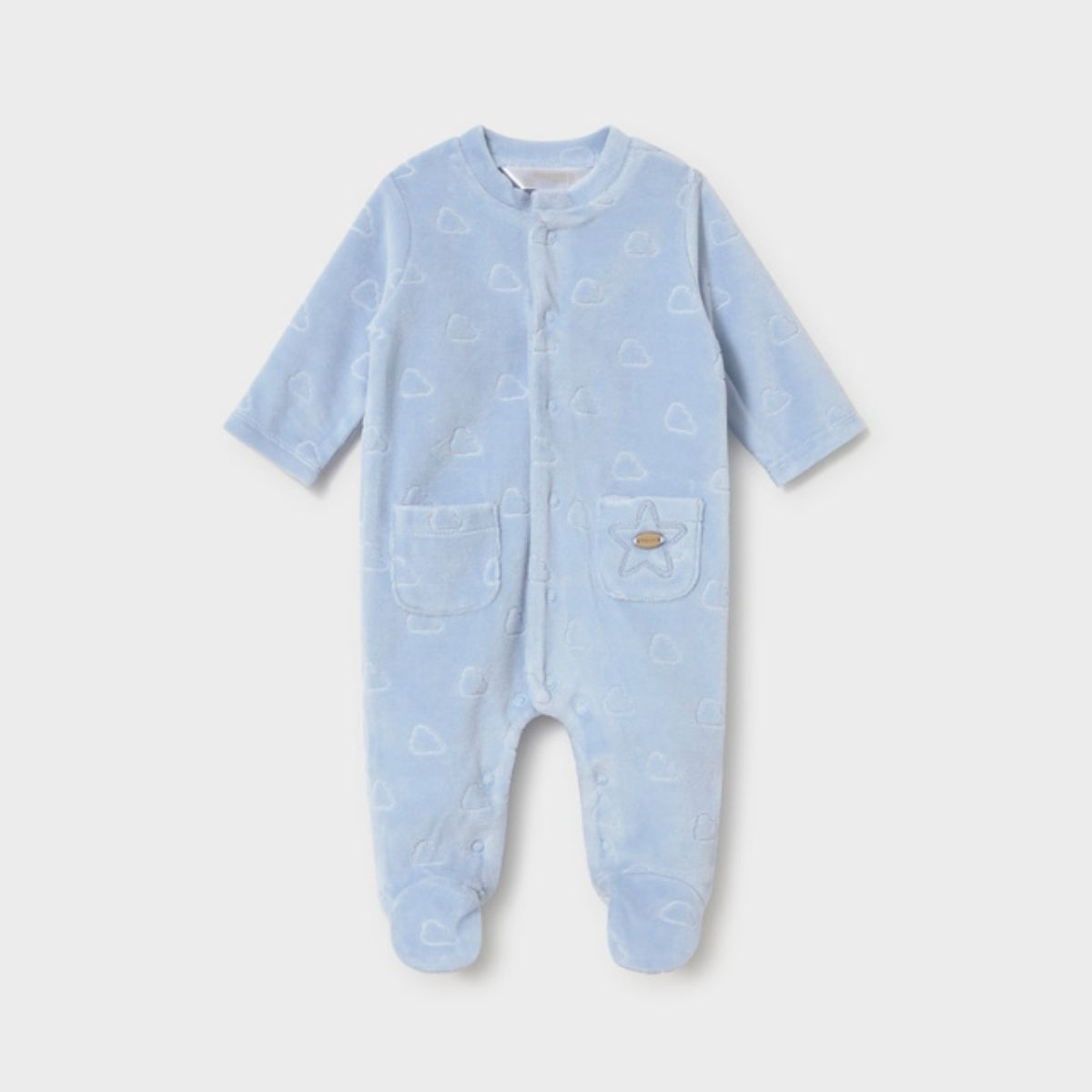Pastel Blue Plush Footed Romper with Star Pocket Detail