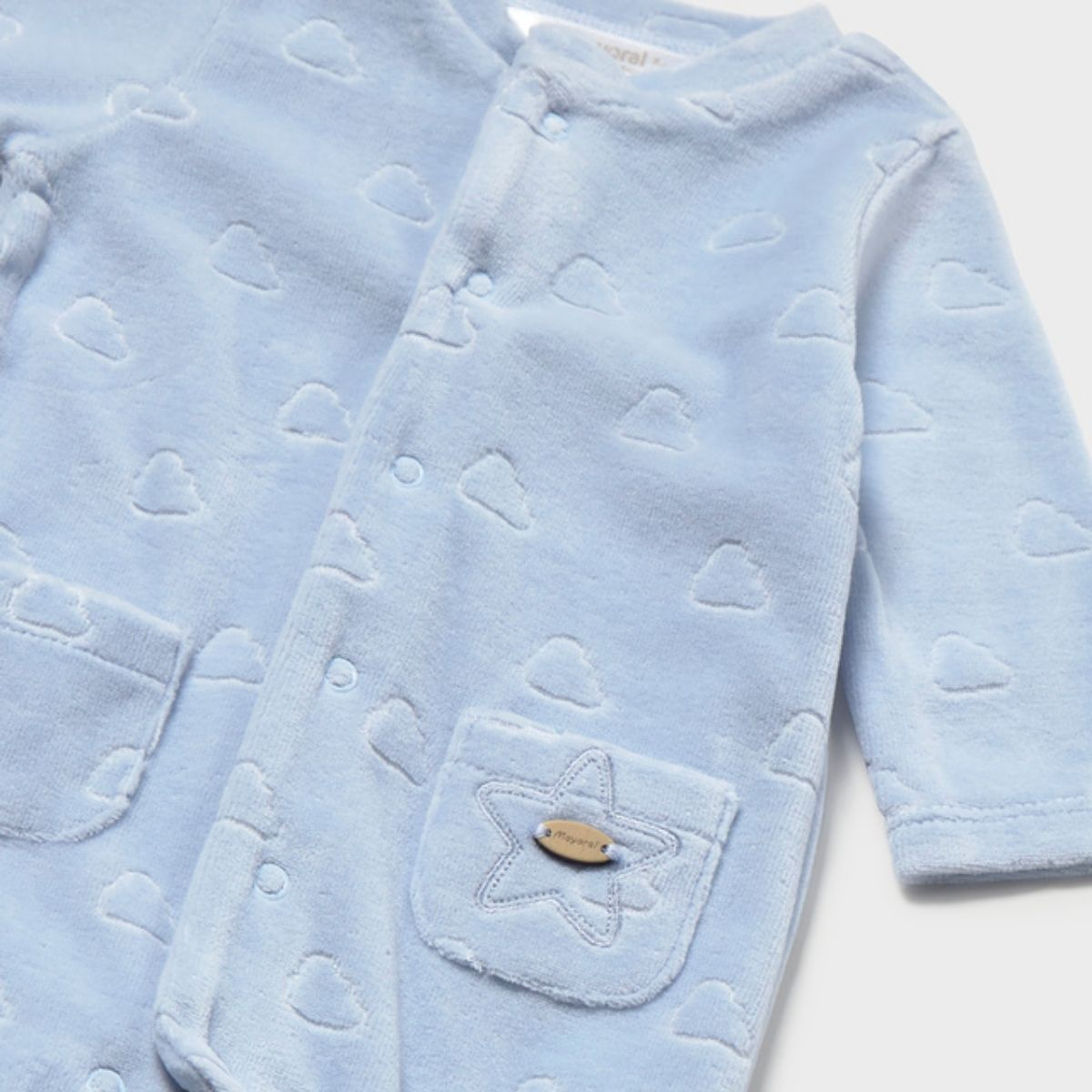 Pastel Blue Plush Footed Romper with Star Pocket Detail - Image 3