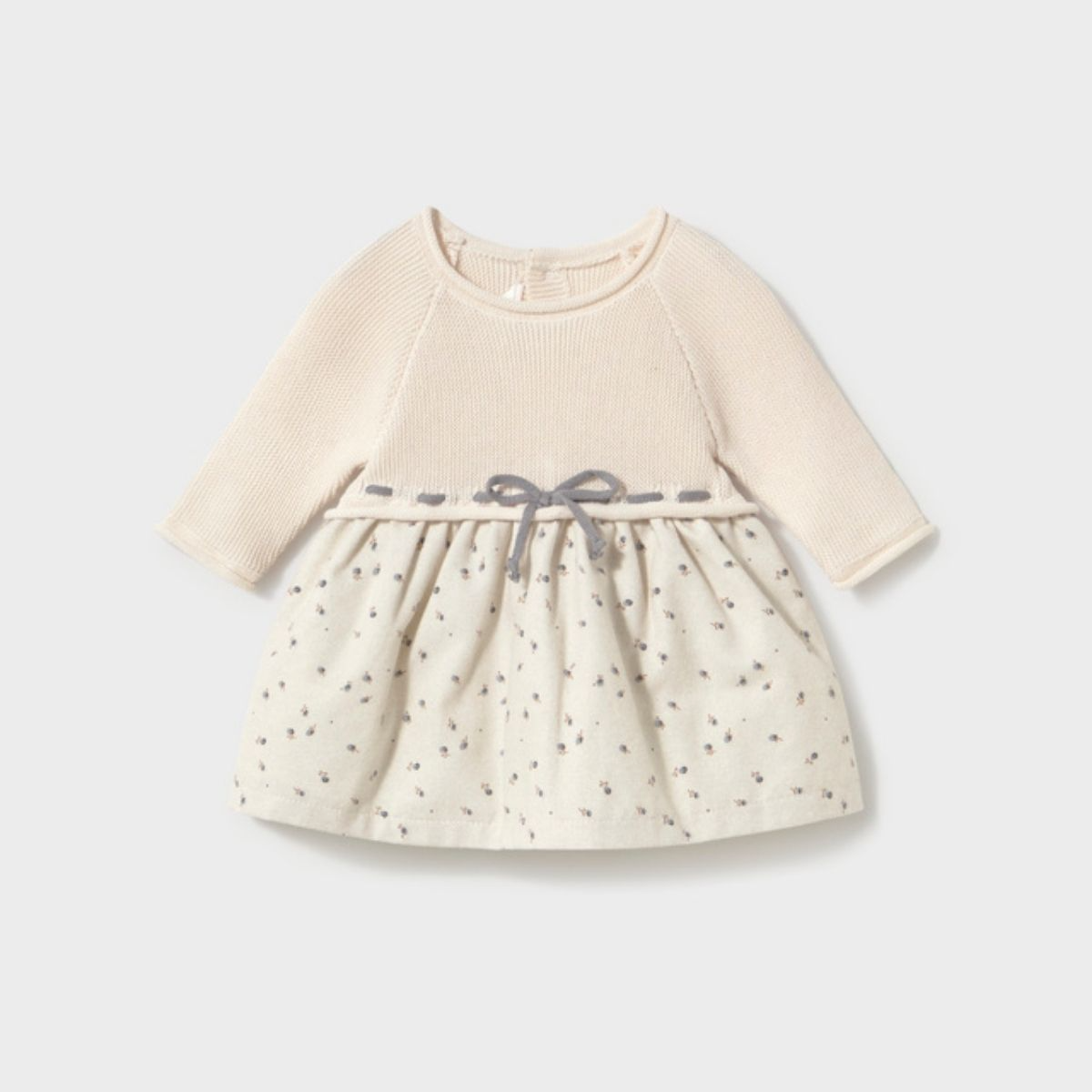 Long-Sleeve Cream Sweater Dress with Gray Velvet Bow