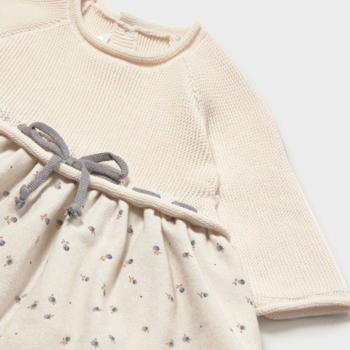 Long-Sleeve Cream Sweater Dress with Gray Velvet Bow - Image 3