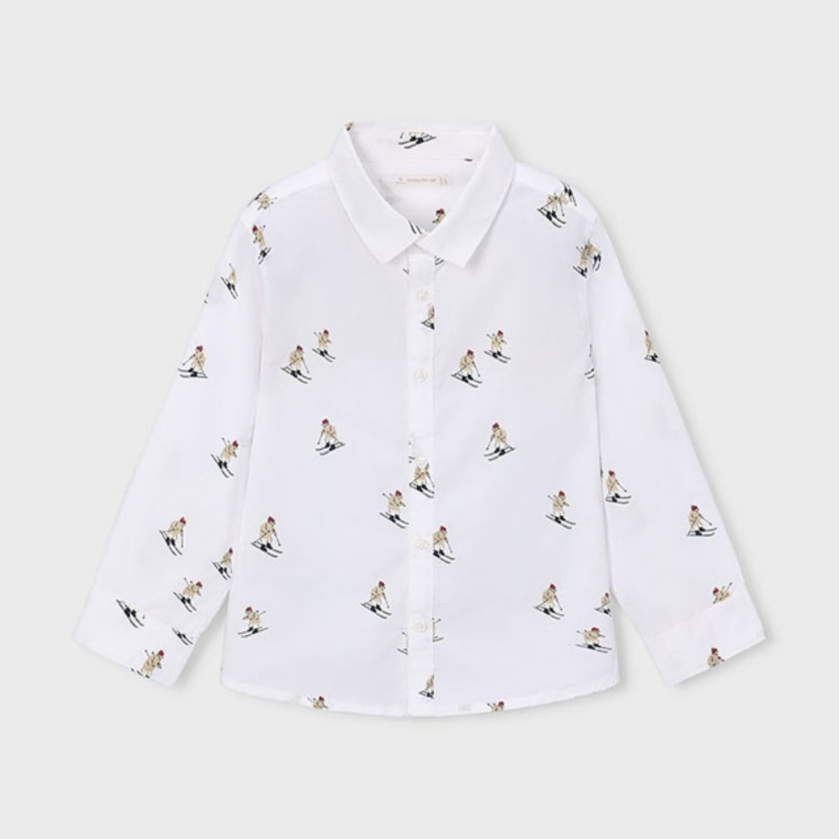White Cotton Long Sleeve Skier Print Button-Down Shirt