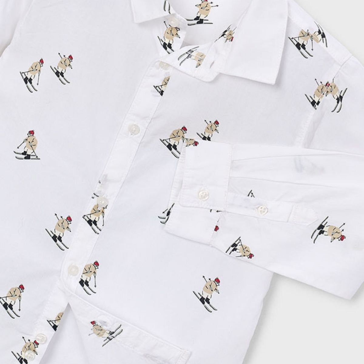 White Cotton Long Sleeve Skier Print Button-Down Shirt - Image 3