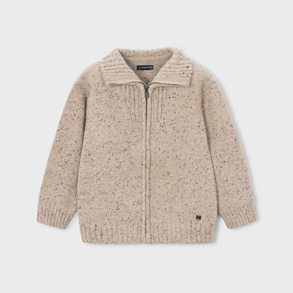 Beige Flecked Tweed Zip-Up Knitted Cardigan Jacket
