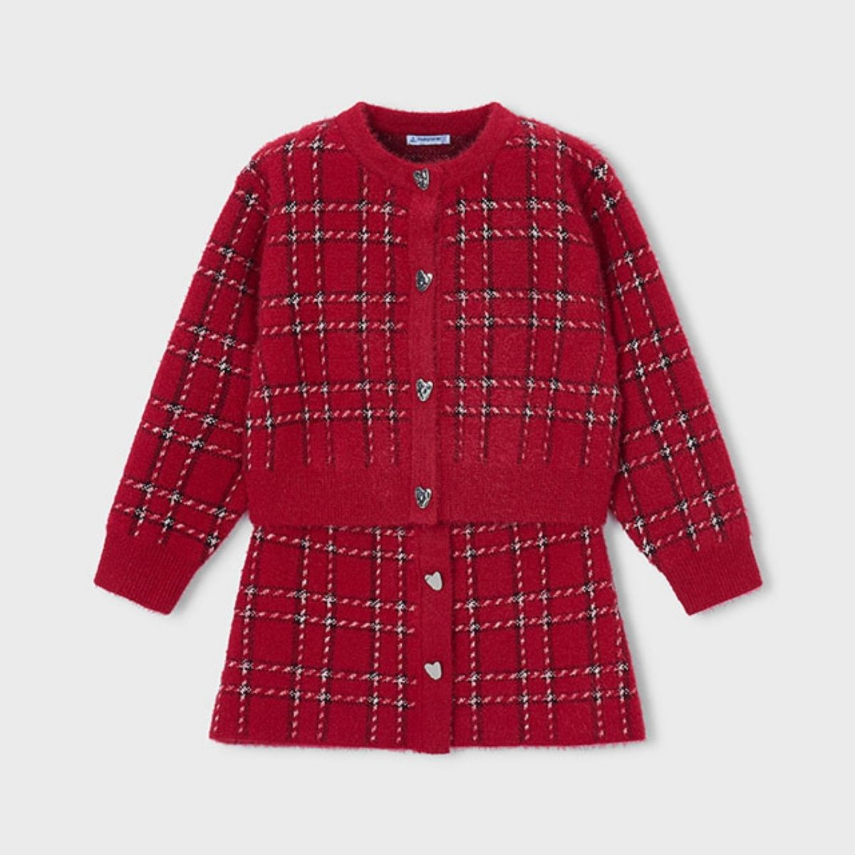 Girls Red Check Fluffy Knit Cardigan and Skirt Set