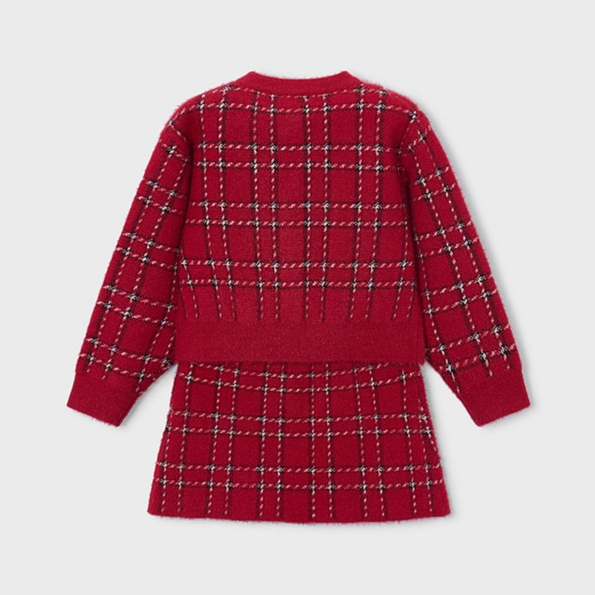 Girls Red Check Fluffy Knit Cardigan and Skirt Set - Image 2