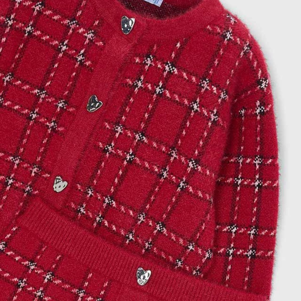 Girls Red Check Fluffy Knit Cardigan and Skirt Set - Image 3
