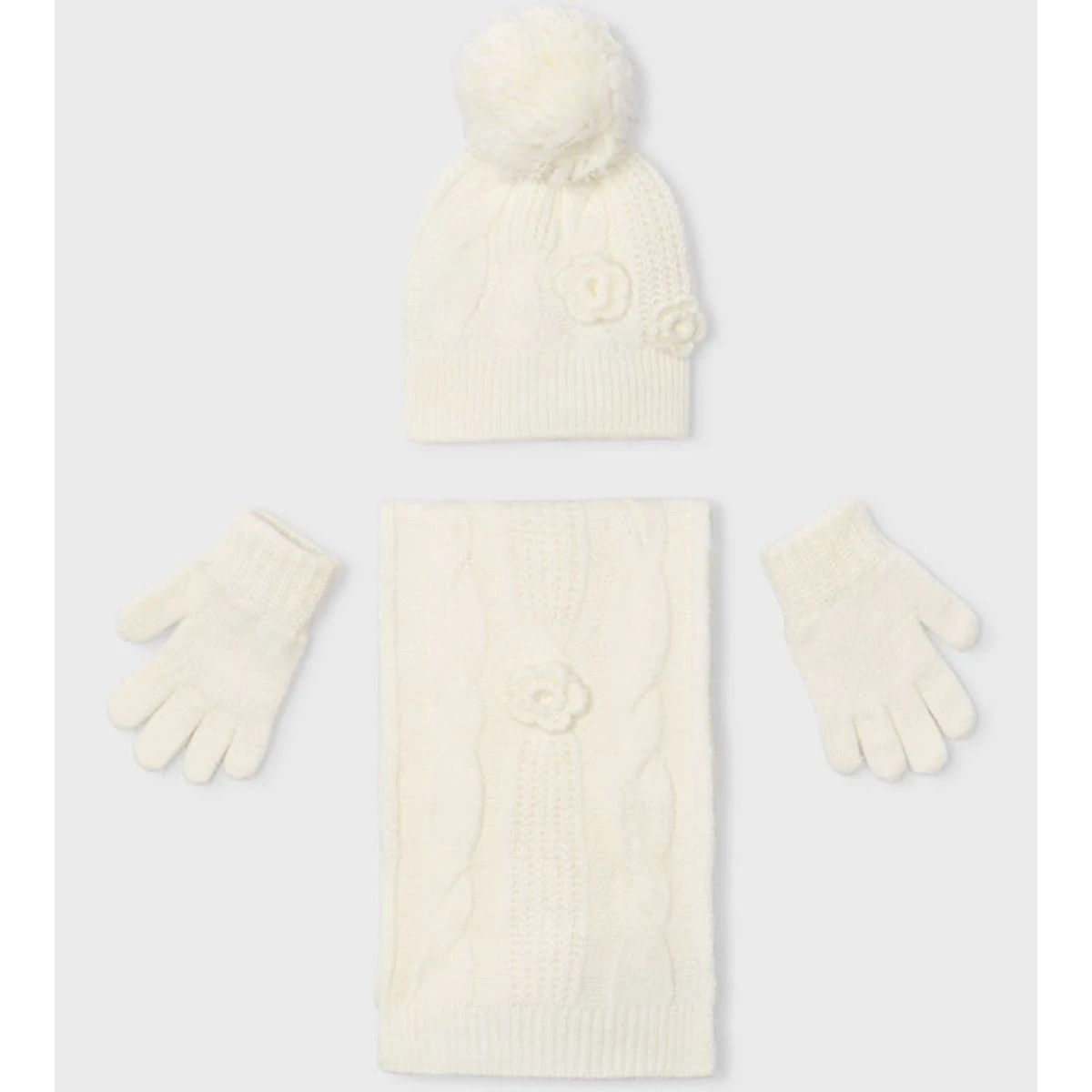 Cream 3 Piece Winter Knit Hat Scarf Gloves Set