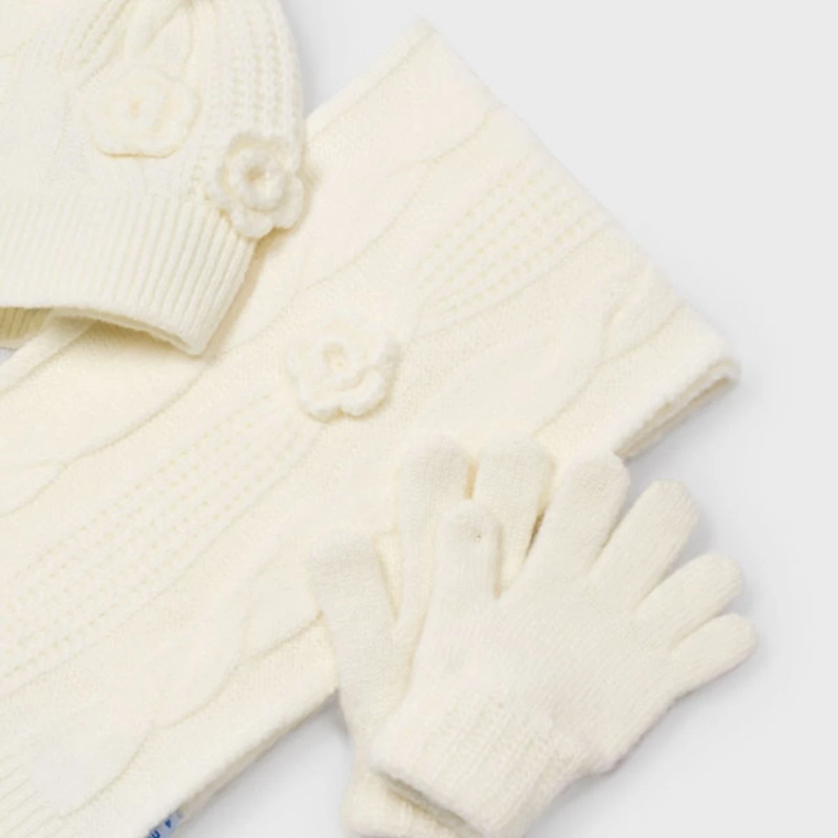 Cream 3 Piece Winter Knit Hat Scarf Gloves Set - Image 2