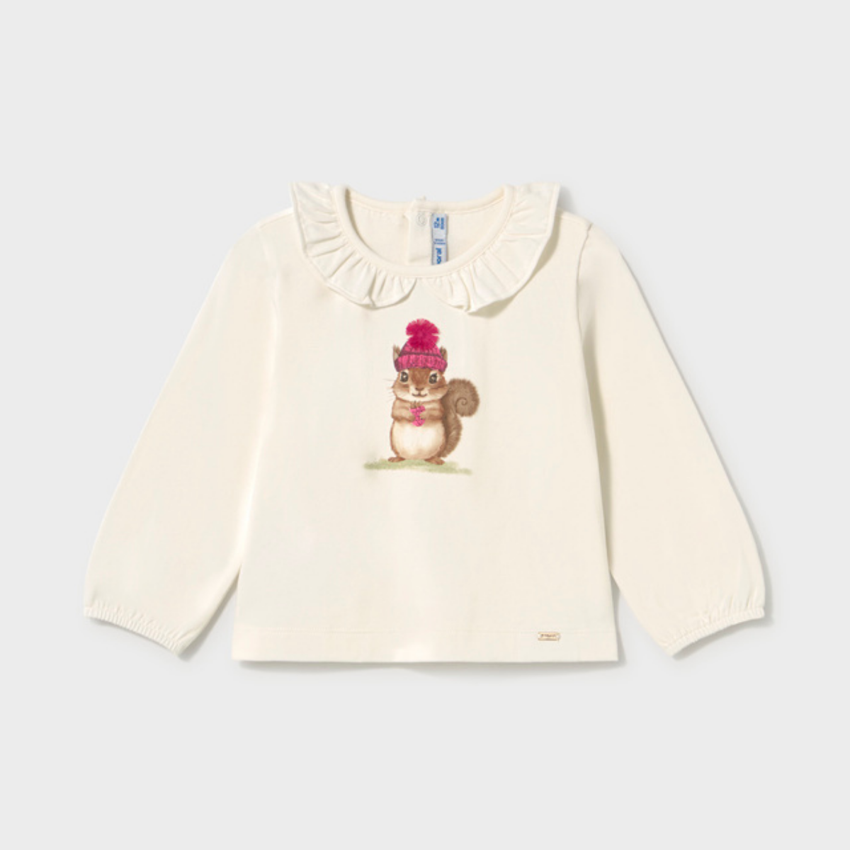 Squirrel Graphic Long Sleeve Top with Ruffled Collar