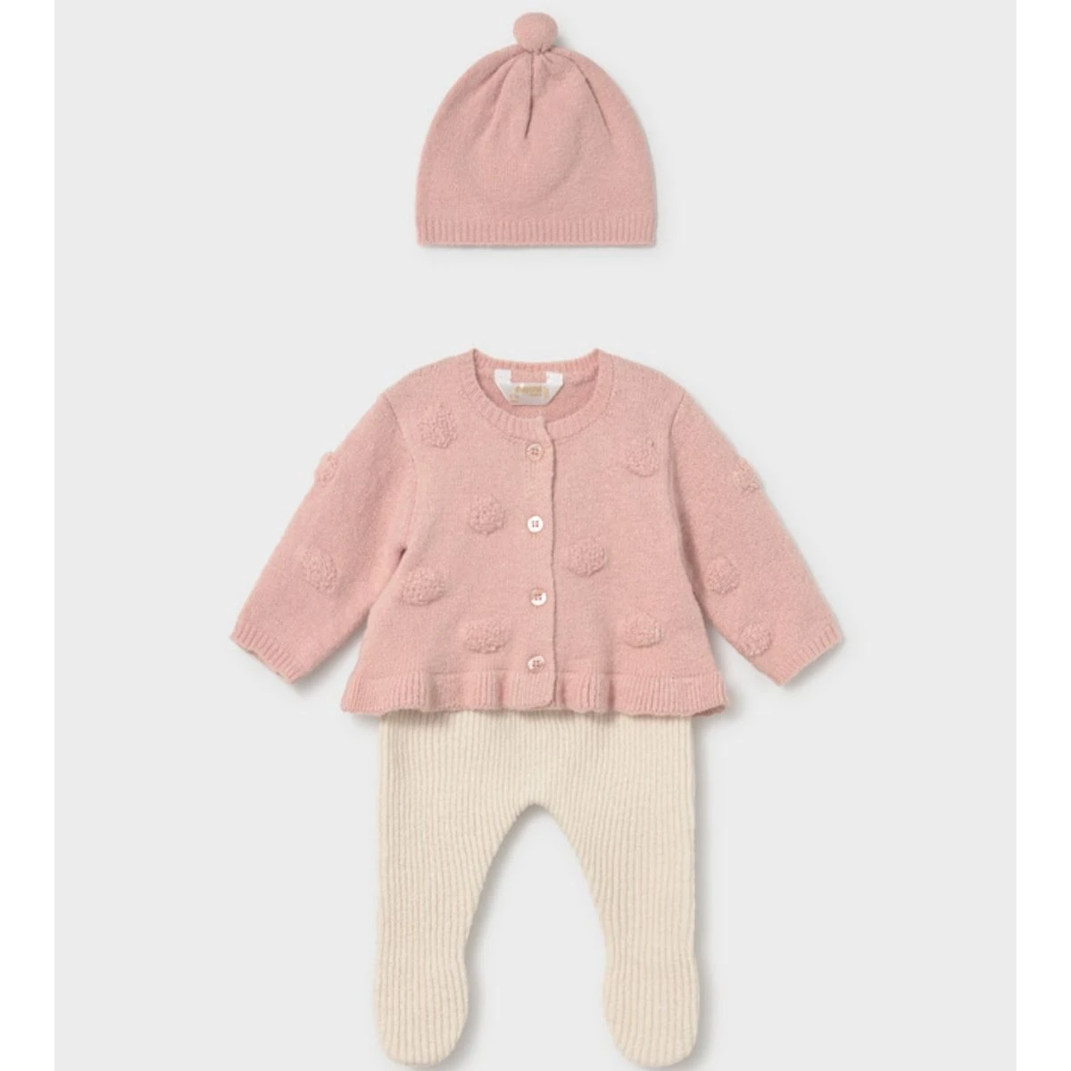Nude Pink 3-Piece Pom-Pom Knit Cardigan, Leggings & Hat Set