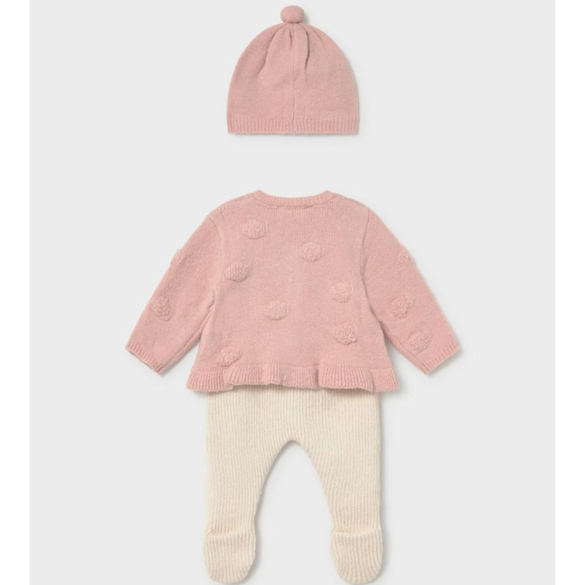 Nude Pink 3-Piece Pom-Pom Knit Cardigan, Leggings & Hat Set - Image 2