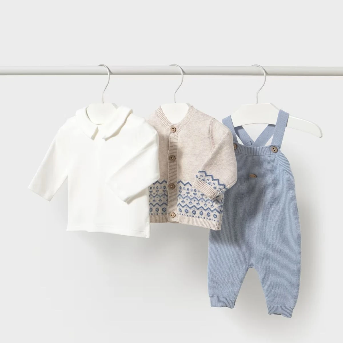 Sky Blue 3-Piece Knit Dungarees & Cardigan Set