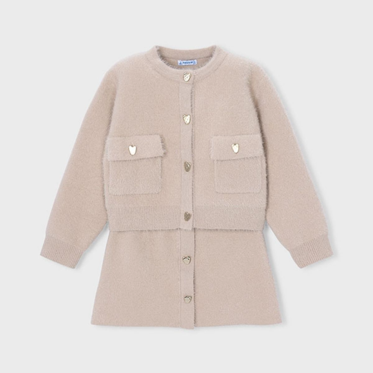 Beige Fluffy Knit Cardigan and Skirt Set
