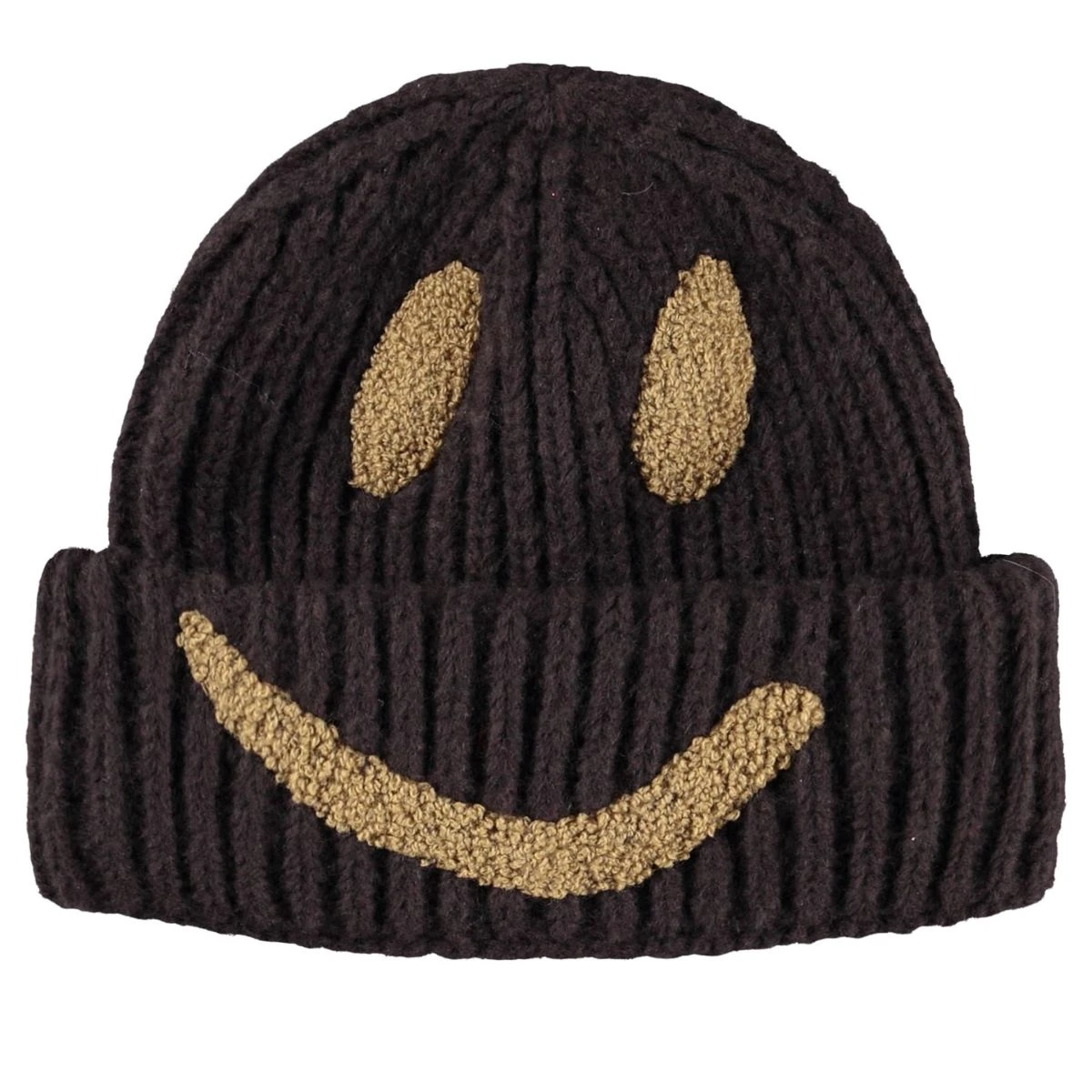 Brown Ribbed Knit Smiley Face Winter Beanie