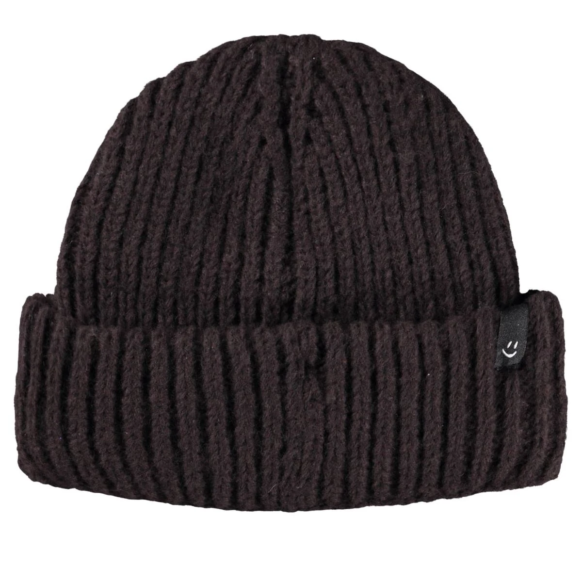 Brown Ribbed Knit Smiley Face Winter Beanie - Image 2