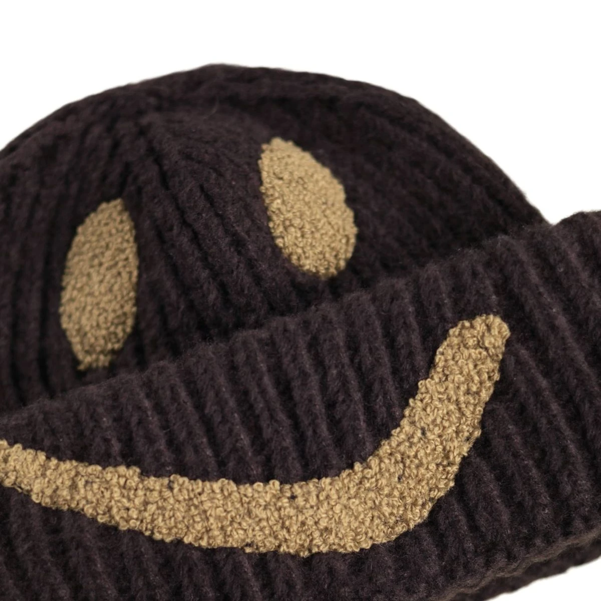 Brown Ribbed Knit Smiley Face Winter Beanie - Image 3