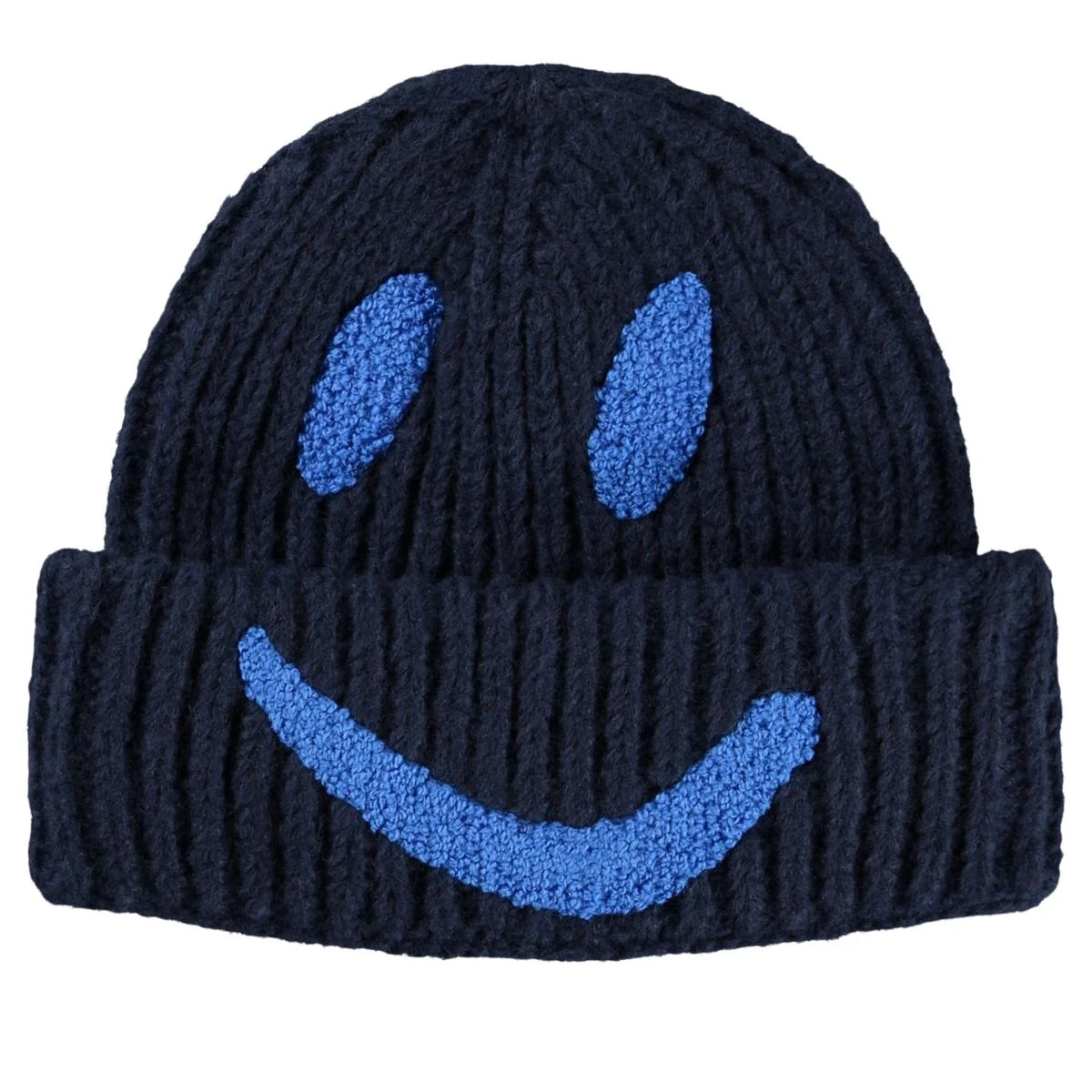 Navy Blue Ribbed Knit Smiley Face Winter Beanie