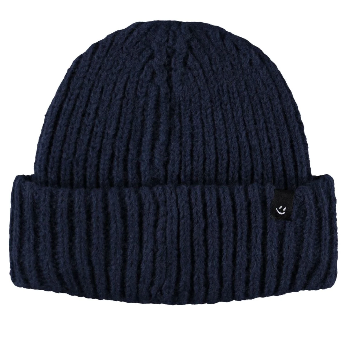 Navy Blue Ribbed Knit Smiley Face Winter Beanie - Image 2