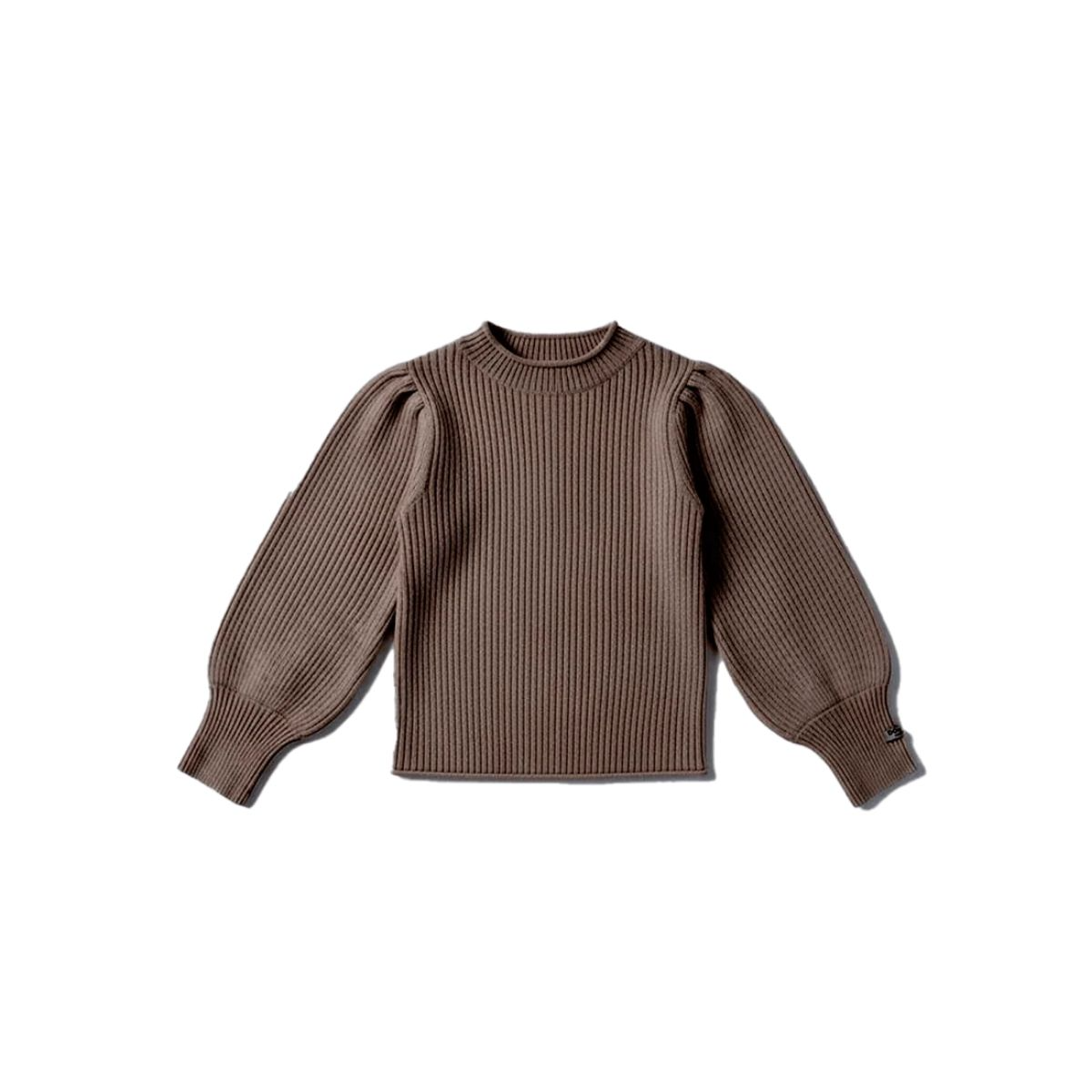 Elegant Mocha Ribbed Knit Puff-Sleeve Sweater