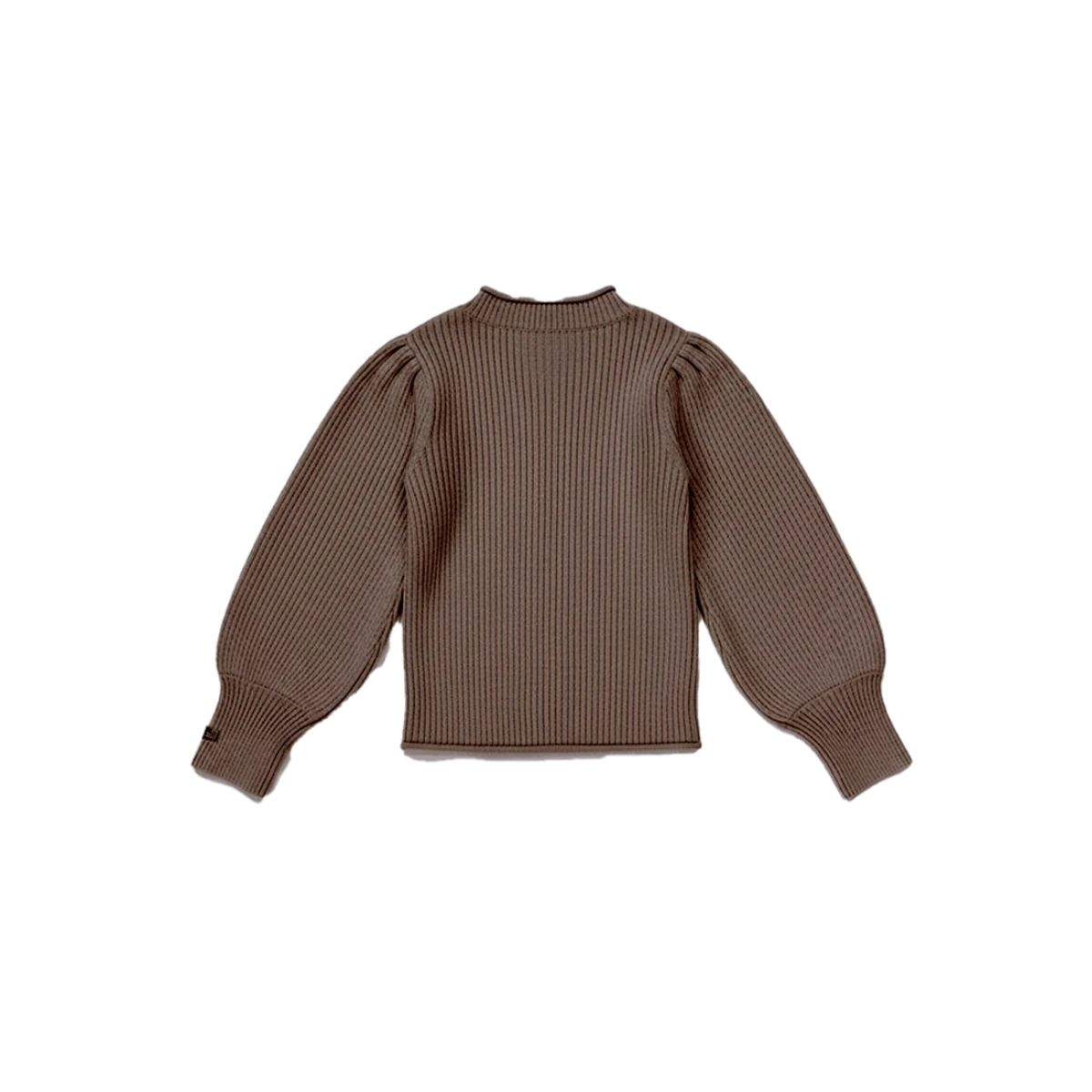 Elegant Mocha Ribbed Knit Puff-Sleeve Sweater - Image 2