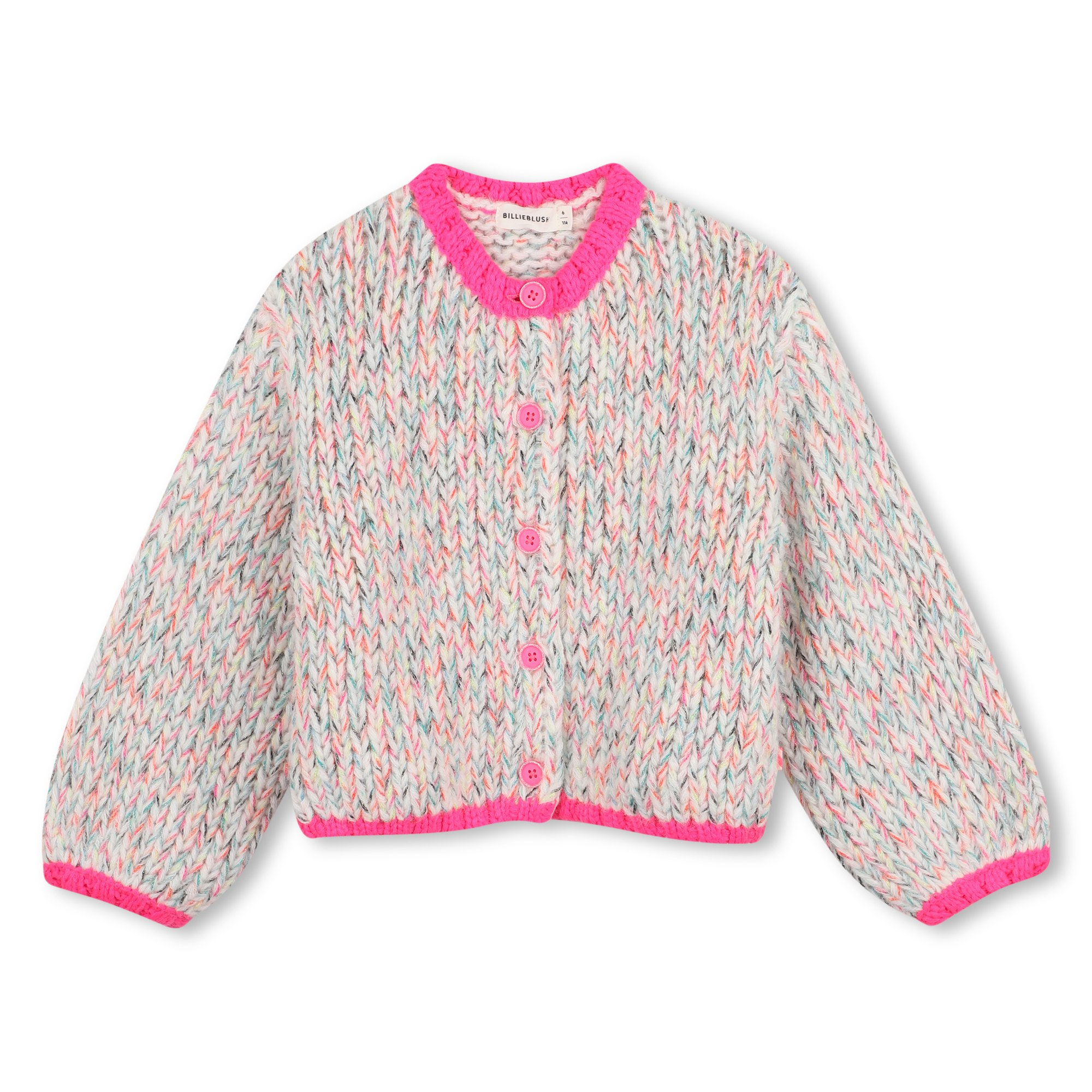 Multicolour Chunky Knit Cardigan with Neon Pink Trim