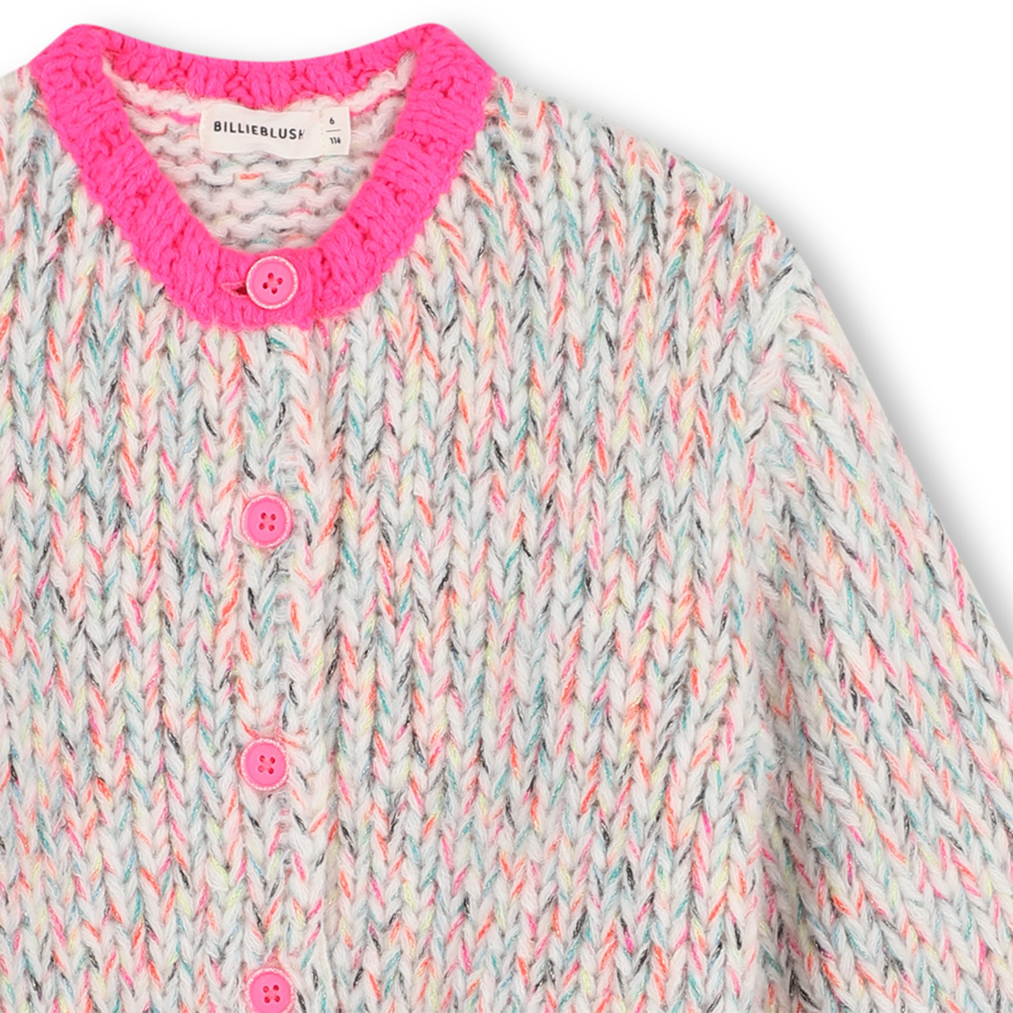 Multicolour Chunky Knit Cardigan with Neon Pink Trim - Image 3