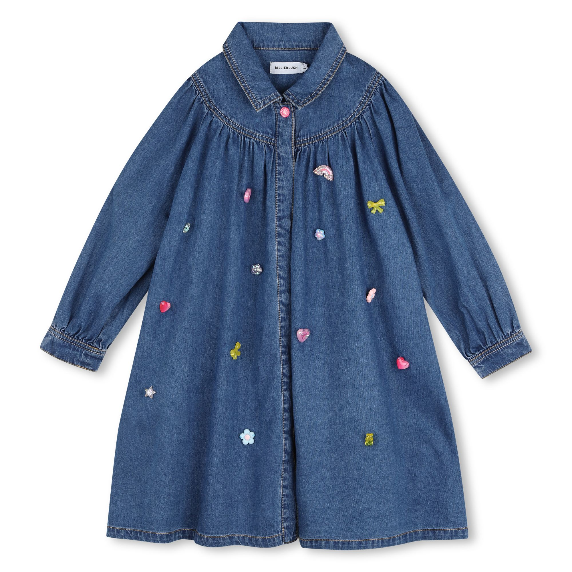 Blue Chambray A-Line Dress with Jewel Ornaments