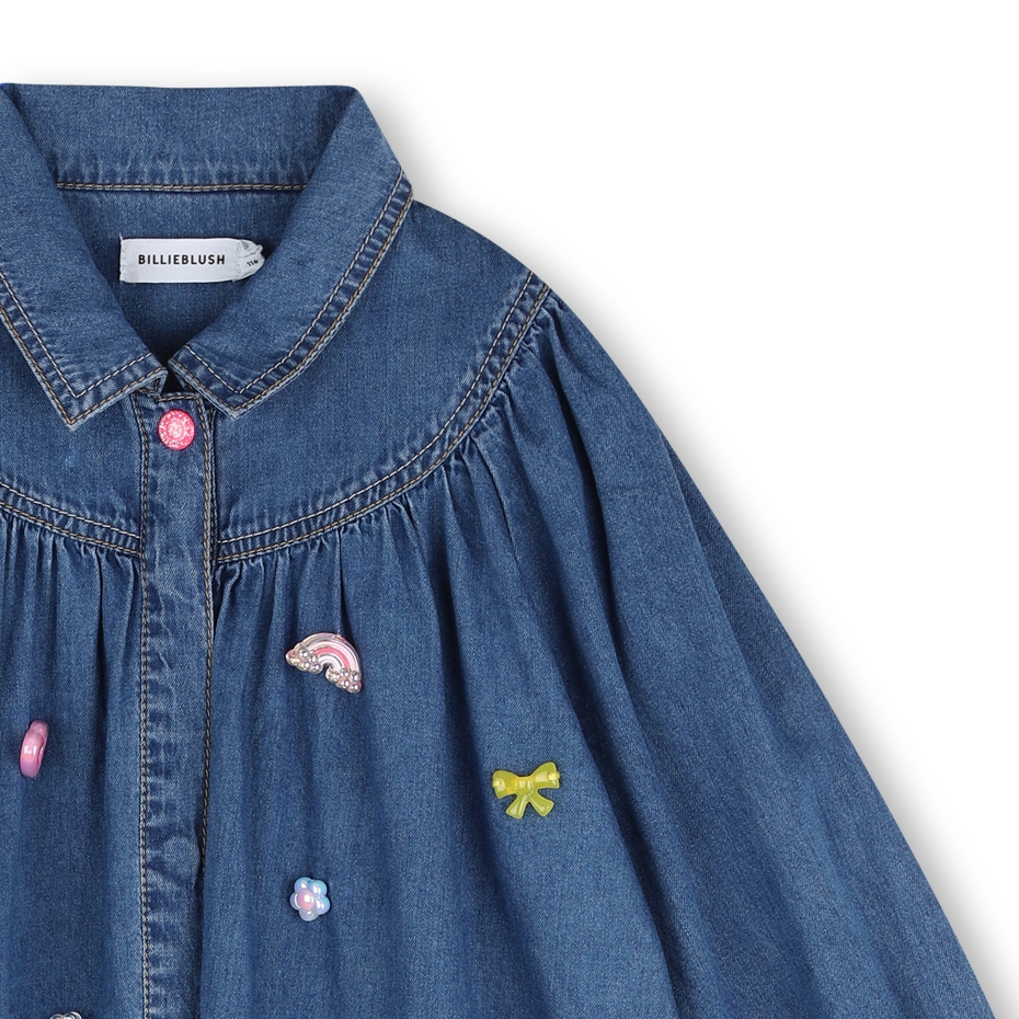 Blue Chambray A-Line Dress with Jewel Ornaments - Image 3