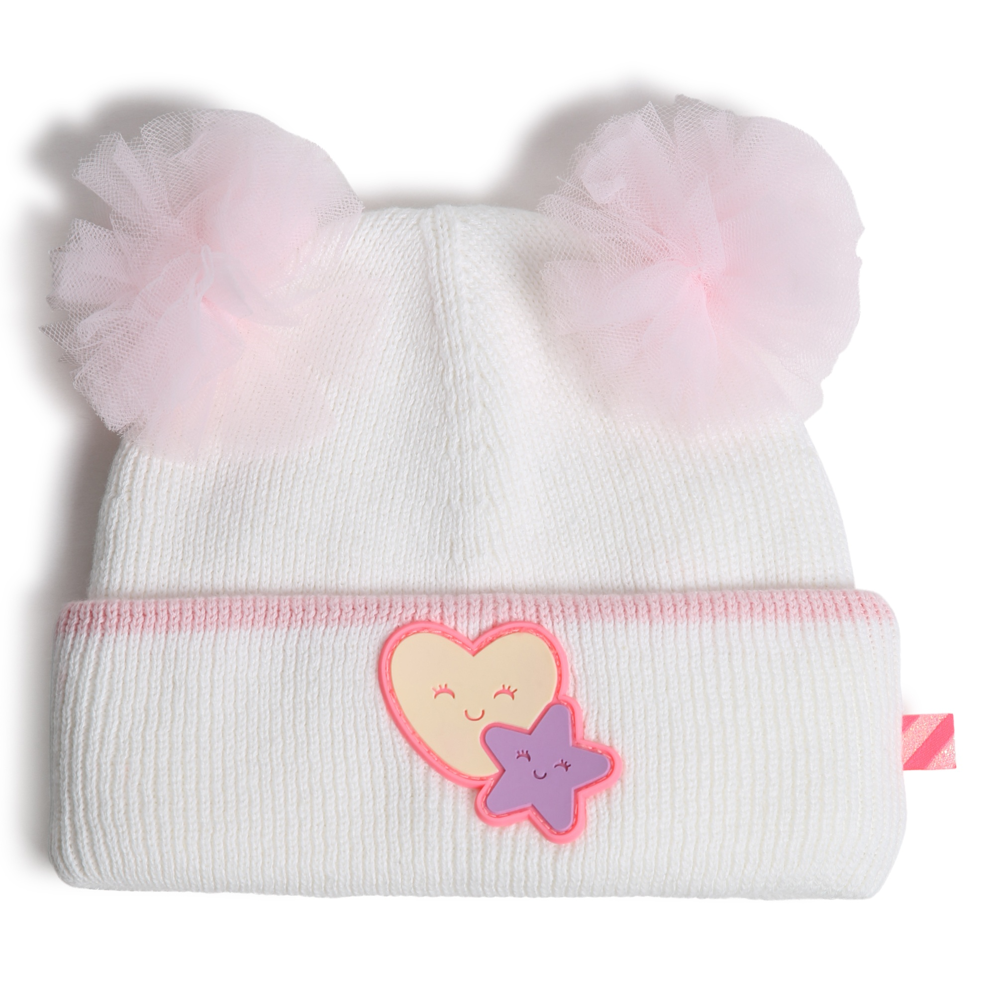 White Knit Double Tulle Pom-Pom Beanie Hat