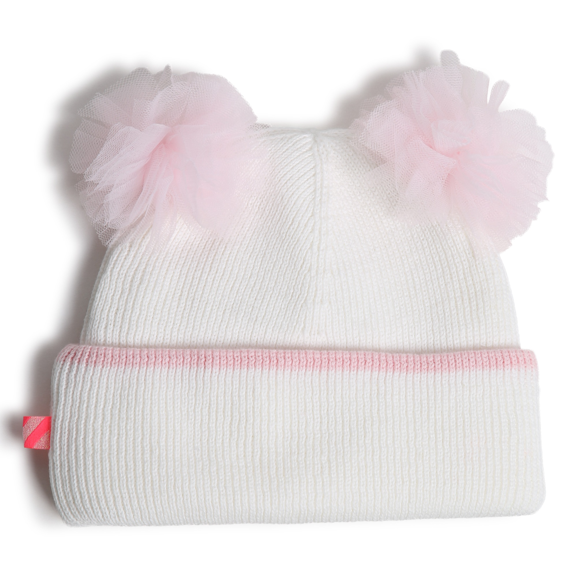 White Knit Double Tulle Pom-Pom Beanie Hat - Image 2