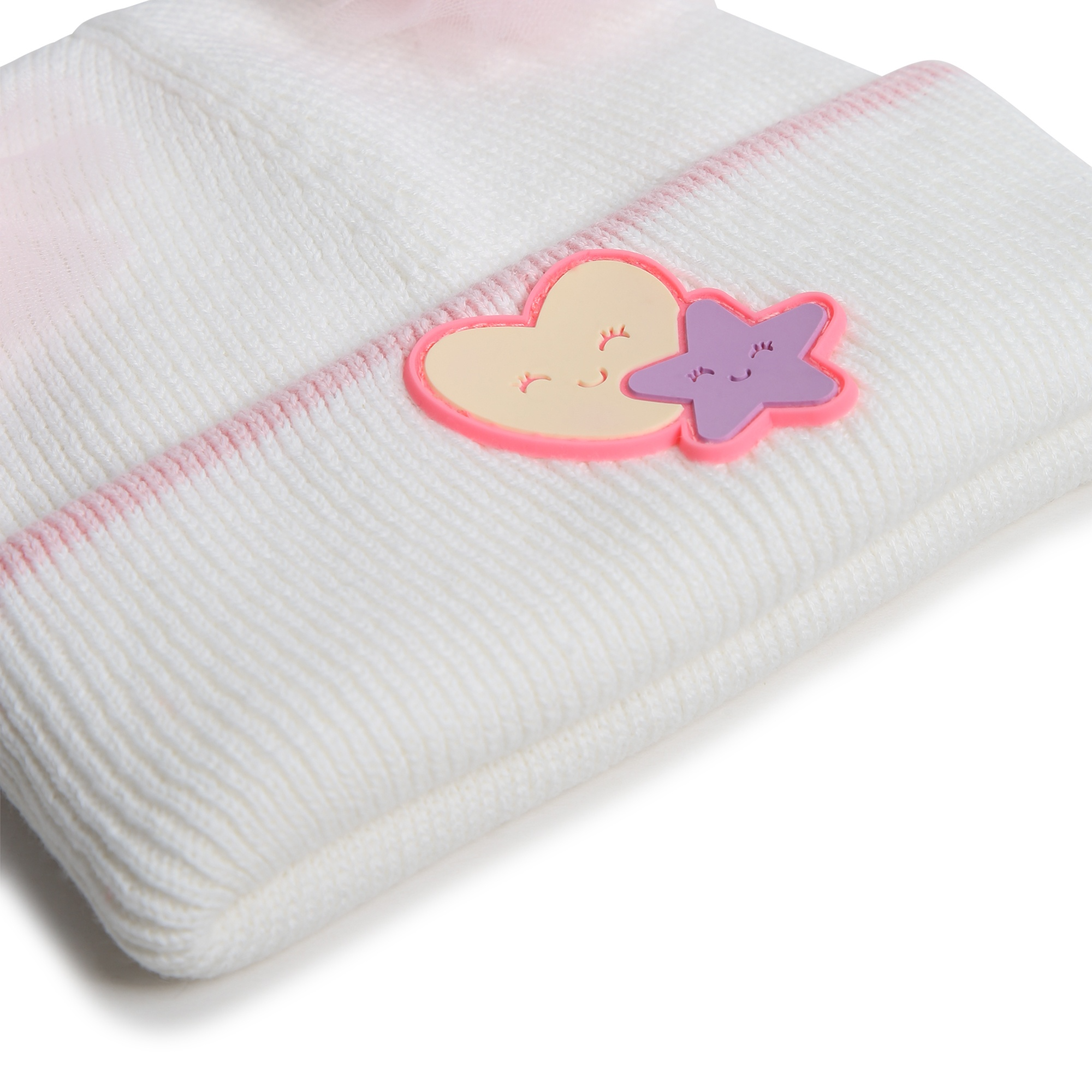 White Knit Double Tulle Pom-Pom Beanie Hat - Image 3
