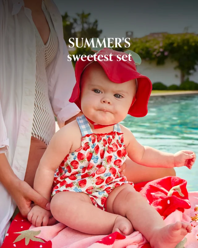 We can't decide what we love more: the set or that face. 🍓😍
This Mayoral 3-Piece Strawberry Swimwear Set with Hat is now available! A dreamy matching top, knickers and sun hat for your little one's first summer adventures.

#MiSuenosKids #NewIn #BabySwimwear #SummerBaby #BabyStyle #PoolDay
