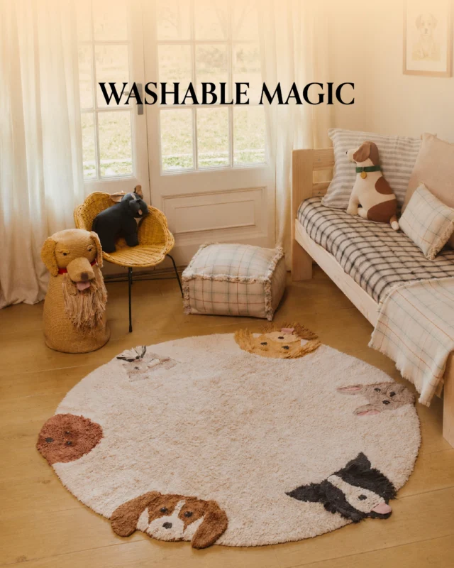 Cosy tumbles and zero fuss! 🐶 Featuring sweet pup faces, this handcrafted rug pops straight into your washing machine when play gets messy. Discover this and a whole world of washable rugs by Lorena Canals online and in-store! 🐾

#MiSueñosKids #LorenaCanals #WashableRug #KidsPlayroom #PlayroomDecor #NurseryDecor #UKKidsStore #InteractivePlay #ChildrensInteriors